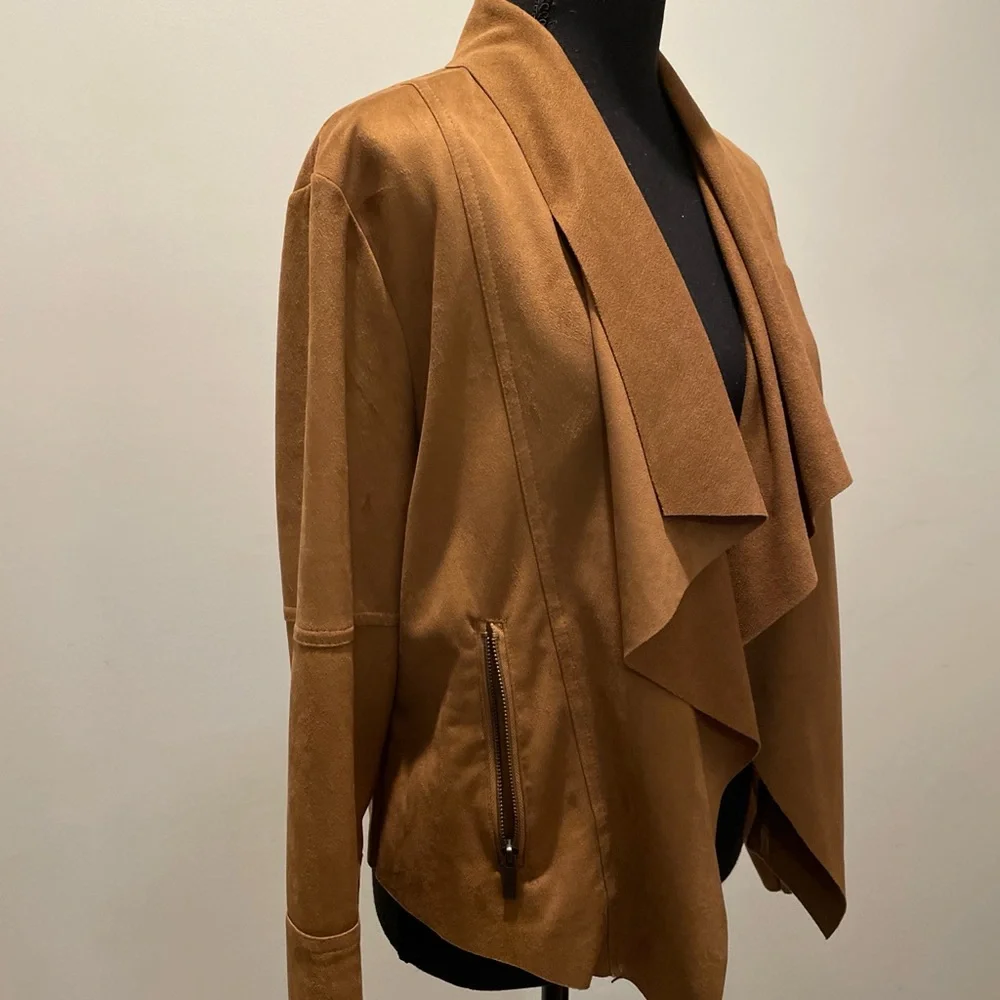Baccinni Faux Suede Moto Jacket Size L Cognac Waterfall Drape Front Silhouette - Picture 4 of 8
